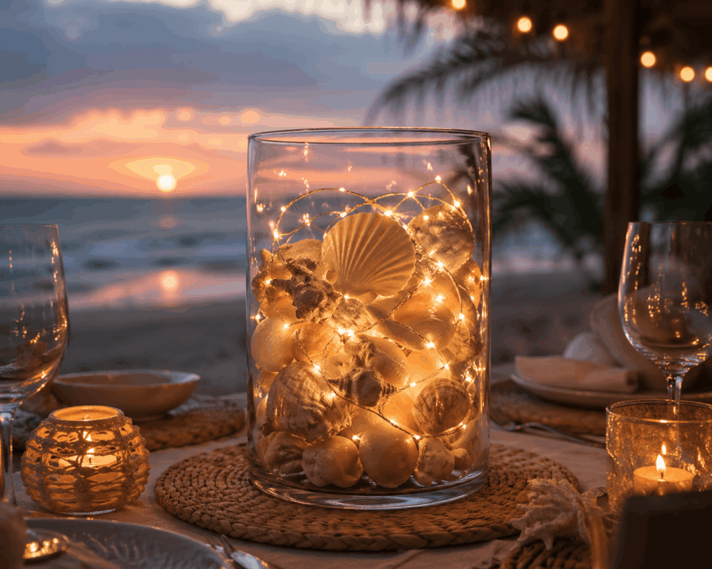Windlicht mit Muscheln und Lichterkette