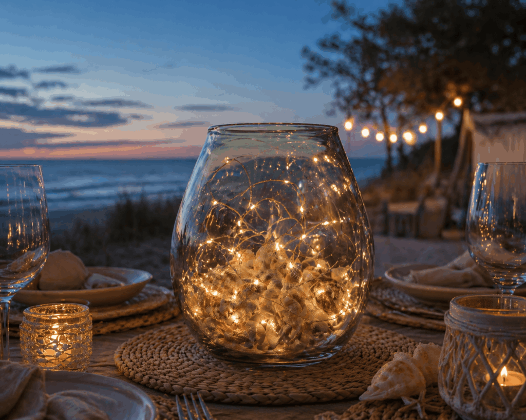 Urlaubsfeeling leicht gemacht: Windlicht mit Muscheln und Lichterketter