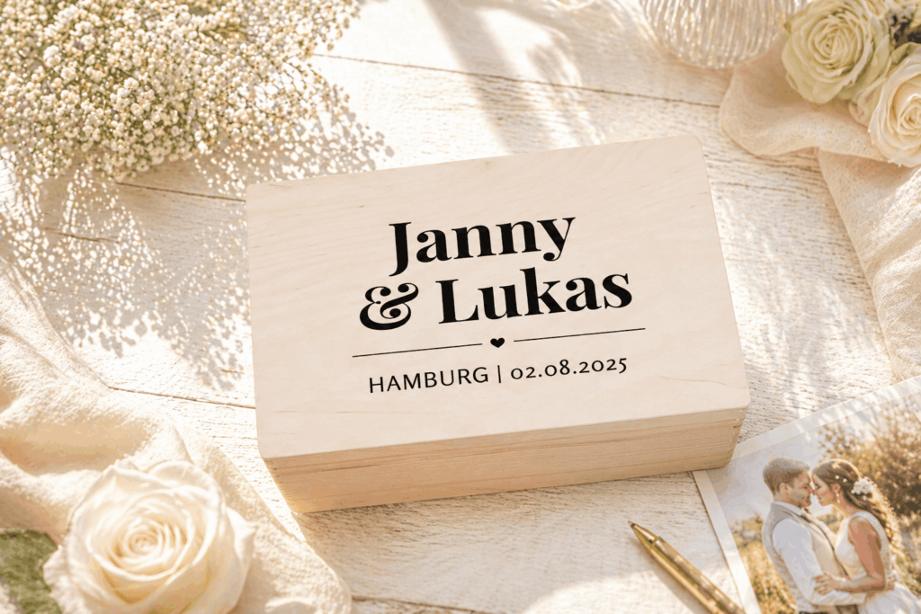 personalisierte Holzbox für das Brautpaar