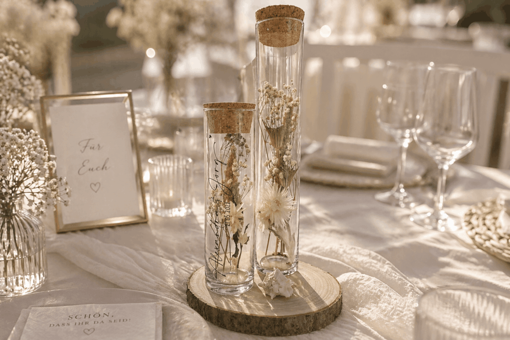 Schlanke Vasen mit Blumen für Geldgeschenk zur Hochzeit