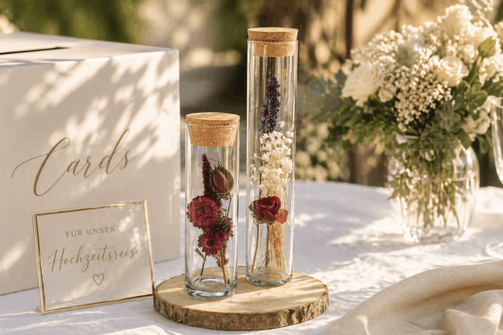 Schlanke Vasen mit Blumen für Geldgeschenk zur Hochzeit
