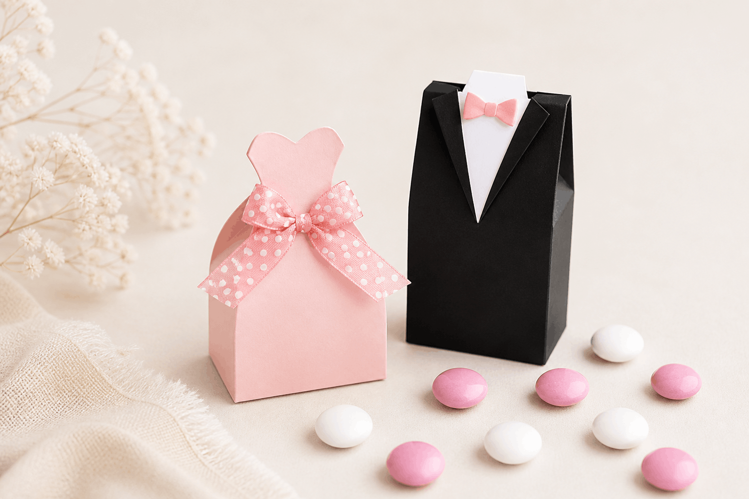 Hochzeitskleid und Smoking als Verpackung für Schokolinsen