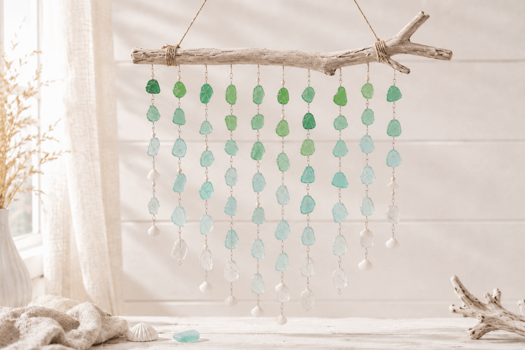 Windspiel aus buntem Seeglas