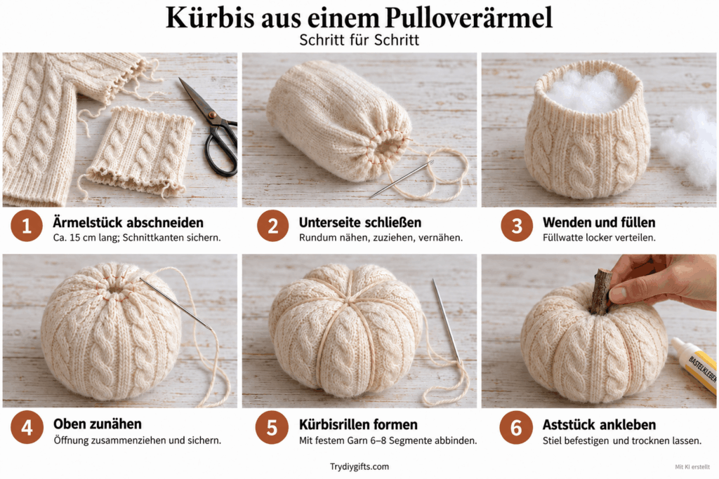 Stoffkürbisse selber machen – einfache Herbstdeko aus Stoffresten Ein Stück weicher Cord, ein Rest Leinen oder ein ausrangierter Pullover: Viel mehr braucht es nicht, um die ersten Herbstgefühle ins Haus zu holen. Aus Stoffresten lassen sich kleine Kürbisse nähen, die auf dem Esstisch, der Fensterbank oder zwischen ein paar Kerzen richtig schön aussehen. Je nach Stoff wirken sie natürlich, verspielt oder ein bisschen elegant. Das Schöne an diesem DIY: Du brauchst weder ein aufwendiges Schnittmuster noch eine Nähmaschine. Ein paar einfache Stiche von Hand reichen aus. Und weil echte Kürbisse auch nicht alle gleich aussehen, darf jeder deiner Stoffkürbisse seine ganz eigene Form bekommen. Hier erfährst du Schritt für Schritt, wie du Stoffkürbisse selber machen kannst – mit Tipps zur Stoffauswahl und Ideen zum Dekorieren und Verschenken. Welche Stoffe eignen sich für selbst gemachte Kürbisse? Für den Einstieg eignet sich ein weicher, nicht zu dicker Baumwollstoff. Er lässt sich gut zuschneiden und nähen, und die Öffnungen können später leicht zusammengezogen werden. Schau ruhig zuerst in deine Restekiste: Vielleicht liegt dort noch ein Stück Stoff, das für ein anderes Projekt zu klein geworden ist. Mit unterschiedlichen Materialien verändert sich der ganze Look: - Baumwolle mit Karos oder kleinen Blumen: unkompliziert und gemütlich, schön für eine herbstliche Landhausdeko. - Leinen oder ein weicher Leinenmix: natürlich und zurückhaltend, besonders hübsch in Creme, Sand oder Salbeigrün. - Feiner Cord: weich und herbstlich, zum Beispiel in Zimt, Rost oder Honiggelb. - Samt: etwas eleganter, schön in Altrosa, Bordeaux oder Moosgrün. Beim Zusammennähen gut feststecken, damit die Lagen nicht verrutschen. - Strickstoff aus einem alten Pullover: ideal für ein Upcycling-Projekt. Groben Strick solltest du an den Schnittkanten sichern, damit er sich nicht auflöst. Für eine stimmige kleine Gruppe kannst du drei Stoffe aus einer Farbfamilie kombinieren. Cremefarbener Strick, zimtfarbener Cord und ein kleines Karomuster passen beispielsweise wunderbar zusammen. Das brauchst du für deine Stoffkürbisse Für einen Kürbis benötigst du: - ein rechteckiges Stück Stoff, zum Beispiel 30 × 15 cm - Füllwatte - Nähnadel und passendes Nähgarn - reißfestes Garn zum Abbinden, beispielsweise kräftiges Stickgarn - möglichst eine lange Nadel zum Formen des Kürbisses - Stoffschere, Lineal und Stoffkreide oder Bleistift - Stecknadeln oder Stoffklammern - ein kleines, sauberes und trockenes Aststück als Stiel - etwas Bastelkleber, der für Holz und Textilien geeignet ist - optional: Filz für ein Blatt, ein Stück Jutegarn oder ein schmales Band Zeitbedarf: Plane für den ersten Kürbis ungefähr 30 bis 45 Minuten ein. Wie lange du brauchst, hängt vom Stoff und deiner Näherfahrung ab. Schwierigkeitsgrad: einfach; grundlegende Handstiche genügen. Stoffkürbisse selber machen: die Schritt-für-Schritt-Anleitung 1. Stoff zuschneiden Schneide ein Rechteck zu, das ungefähr doppelt so breit wie hoch ist. Für den Anfang sind 30 cm Breite und 15 cm Höhe ein praktisches Maß. Eine Nahtzugabe von etwa 1 cm ist dabei bereits eingeplant. Für eine Kürbisgruppe kannst du mit diesen Zuschnitten beginnen: Variante Stoffzuschnitt, Breite × Höhe Klein 20 × 10 cm Mittel 30 × 15 cm Groß 40 × 20 cm Die Maße beziehen sich auf den flachen Stoff, nicht auf den fertigen Kürbis. Seine spätere Größe und Form hängen auch davon ab, wie viel Füllwatte du verwendest und wie fest du ihn abbindest. 2. Den Stoff zu einem Schlauch nähen Lege den Stoff mit der schönen Seite nach innen zusammen, sodass die beiden kurzen Seiten aufeinanderliegen. Beim Zuschnitt von 30 × 15 cm liegt nun ein doppellagiges Stück von ungefähr 15 × 15 cm vor dir. Stecke die aufeinanderliegenden kurzen Kanten fest und nähe sie mit etwa 1 cm Abstand zum Rand zusammen. Von Hand eignet sich dafür ein Rückstich. Dabei setzt du die Nadel nach jedem Vorwärtsstich ein Stück zurück und erhältst eine stabile Naht. Anfang und Ende gut vernähen. Jetzt hast du einen Stoffschlauch, der oben und unten offen ist. 3. Die Unterseite schließen Nähe mit einem kräftigen Faden einmal rund um eine der offenen Schlauchkanten. Setze dafür einfache Vorstiche ungefähr 1 cm vom Rand entfernt: Die Nadel wandert abwechselnd durch den Stoff nach vorne und wieder zurück. Ziehe den Faden vorsichtig zusammen, bis sich die Öffnung schließt. Sichere die geraffte Stelle mit einigen zusätzlichen Stichen und einem festen Knoten. Bei dickeren Stoffen bleibt manchmal ein kleines Loch; nähe es mit wenigen Stichen zu. Wende den Stoff anschließend auf die schöne Seite. Die erste Naht liegt nun innen, und dein Kürbis sieht zunächst wie ein kleiner Stoffbeutel aus. 4. Mit Füllwatte ausstopfen Gib die Füllwatte portionsweise hinein und verteile sie bis an die Seiten. Der Kürbis soll schön rund werden, aber noch nachgeben, wenn du ihn leicht zusammendrückst. Stopfst du ihn zu fest aus, lassen sich die typischen Kürbisrillen später nur schwer formen. Bei zu wenig Füllung fällt er dagegen schnell in sich zusammen. Taste dich deshalb lieber nach und nach an die passende Menge heran. 5. Die Oberseite zusammenziehen Nähe auch um die obere Öffnung eine Runde Vorstiche. Schlage die Schnittkante dabei nach Möglichkeit etwas nach innen ein. Ziehe den Faden zusammen und sichere die Öffnung mit einigen Stichen. Drücke die obere Mitte anschließend leicht nach unten. Die geraffte Stelle wird später vom Stiel verdeckt. 6. Die typischen Kürbisrillen formen Jetzt bekommt dein Stoffkürbis seine charakteristische Form. Dafür brauchst du einen langen, reißfesten Faden und möglichst eine lange Nadel. 1. Befestige den Faden mit mehreren kleinen Stichen fest in der unteren Mitte. 2. Führe ihn außen über eine Seite bis zur oberen Mitte. 3. Stich von dort durch die Füllung zurück zur unteren Mitte. 4. Ziehe vorsichtig an, bis auf der Außenseite eine sichtbare Rille entsteht. 5. Wiederhole das an der gegenüberliegenden Seite und danach in den Zwischenräumen. Mit insgesamt sechs bis acht Abschnitten entsteht eine schöne Kürbisform. Verteile die Füllwatte zwischendurch etwas mit den Fingern und ziehe die einzelnen Fäden möglichst gleichmäßig fest. Zum Schluss den Faden an der Unterseite vernähen. Ohne lange Nadel: Du kannst den Kürbis auch mit mehreren Fadenschlingen vollständig von außen umwickeln. Lass die Schlingen oben und unten jeweils in der Mitte zusammenlaufen und verknote sie unten. Halte sie beim Arbeiten fest, damit sie nicht seitlich verrutschen. 7. Stiel und Blatt ergänzen Klebe ein kleines Aststück auf die obere Mitte. Drücke es leicht in die Vertiefung und halte es entsprechend der Kleberanleitung fest. Lass den Kleber vollständig trocknen. Ein ausgeschnittenes Filzblatt oder eine kleine Schleife aus Jutegarn ergänzt den Stiel. Wenn du einen sehr schlichten Look möchtest, reicht das Holzstück völlig aus. Upcycling-Idee: Stoffkürbisse aus alten Pulloverärmeln Ein Pulloverärmel bringt die Schlauchform schon mit. Dadurch entfällt die seitliche Naht: Schneide einfach ein Stück Ärmel ab und arbeite ab dem Schließen der Unterseite wie oben beschrieben weiter. Als Ausgangspunkt kann die Höhe des abgeschnittenen Stücks ungefähr seiner flach liegenden Breite entsprechen. Bei einem 15 cm breiten Ärmel wäre das also ein etwa 15 cm langes Stück. Je nach Strick und gewünschter Form kannst du die Höhe variieren. Bei grobem Strick sicherst du die Schnittkanten vor dem Raffen mit einem Zickzackstich oder von Hand mit Überwendlichstichen. Dabei legst du den Faden wiederholt über die Stoffkante. Ziehe beim Formen nicht zu stark, damit keine großen Lücken zwischen den Maschen entstehen. Besonders hübsch wirkt ein Zopfmuster. Mit einem schlichten Aststiel entsteht daraus eine gemütliche Herbstdeko, für die ein altes Lieblingsstück noch einmal Verwendung findet. So dekorierst du mit deinen Stoffkürbissen Als kleine Gruppe auf einem Tablett Arrangiere drei Kürbisse in unterschiedlichen Größen auf einem Holztablett. Dazu passen eine kleine Vase mit Trockenblumen und ein LED-Windlicht. Unterschiedliche Stoffstrukturen machen die Gruppe interessant, auch wenn alle Kürbisse ähnliche Farben haben. Auf der herbstlichen Tischtafel Ein kleiner Stoffkürbis auf jeder Serviette wirkt persönlich und lässt sich mit einem Namensanhänger ergänzen. Nach dem Essen dürfen deine Gäste ihn mit nach Hause nehmen – Tischdeko und Gastgeschenk in einem. Auf der Fensterbank oder im Regal Ein einzelner größerer Kürbis neben einer Vase oder einem Stapel Bücher reicht oft schon aus. Für einen ruhigen Look kannst du seine Farbe an die Kissen oder das Plaid im Raum anpassen. Stoffkürbisse sind für trockene Innenräume gedacht. Halte sie von offenen Kerzenflammen fern; mit LED-Kerzen lässt sich die gemütliche Lichtstimmung ganz unkompliziert ergänzen. Stoffkürbisse als kleines Herbstgeschenk Du bist zum Kaffee eingeladen oder möchtest jemandem eine kleine Freude machen? Kombiniere einen selbst gemachten Stoffkürbis mit einer Packung Tee oder verpackten Keksen. Ein Anhänger mit „Ein kleines Stück Herbst für dich“ macht daraus ein liebevolles Mitbringsel. Auch zwei oder drei aufeinander abgestimmte Kürbisse sind ein schönes Geschenk für Menschen, die gern dekorieren. Wähle die Farben passend zur Einrichtung der beschenkten Person und verpacke das Set in einer schlichten Schachtel mit etwas Seidenpapier. Häufige Fragen zu selbst gemachten Stoffkürbissen Brauche ich eine Nähmaschine? Nein. Du kannst sämtliche Nähte von Hand arbeiten. Eine Nähmaschine macht vor allem die seitliche Naht schneller, ist für dieses Projekt aber nicht notwendig. Kann ich Stoffreste als Füllung verwenden? Ja, wenn du sie klein schneidest. Die Kürbisse werden damit meist schwerer und weniger gleichmäßig als mit Füllwatte. Eine Mischung aus kleinen, weichen Stoffresten im Inneren und Füllwatte außen kann ein guter Kompromiss sein. Warum sind meine Kürbisrillen kaum sichtbar? Häufig ist der Kürbis zu fest gefüllt oder der Faden noch zu locker. Verteile zunächst die Füllung mit den Fingern und spanne die Fäden vorsichtig nach. Falls das nicht reicht, öffne die obere Verschlussnaht vor dem Ankleben des Stiels noch einmal und nimm etwas Füllwatte heraus. Lassen sich die Stoffkürbisse waschen? Mit angeklebtem Holzstiel und verschiedenen Materialien würde ich sie vorsichtig punktuell reinigen. Ob eine gründlichere Wäsche möglich ist, hängt von Stoff, Füllung und Kleber ab. Leichtes Abstauben reicht im Alltag meist aus. Wie bewahre ich die Kürbisse nach dem Herbst auf? Lagere sie sauber und vollständig trocken in einer Schachtel, ohne sie stark zusammenzudrücken. So bleiben sie bis zur nächsten Herbstsaison schön und können jedes Jahr neu kombiniert werden. Ob aus einem karierten Stoffrest, weichem Samt oder einem alten Strickpullover: Jeder Kürbis bekommt durch das Material seinen eigenen Charakter. Such dir für den Anfang einfach einen Lieblingsstoff aus – vielleicht entsteht daraus gleich eine ganze kleine Kürbisfamilie.